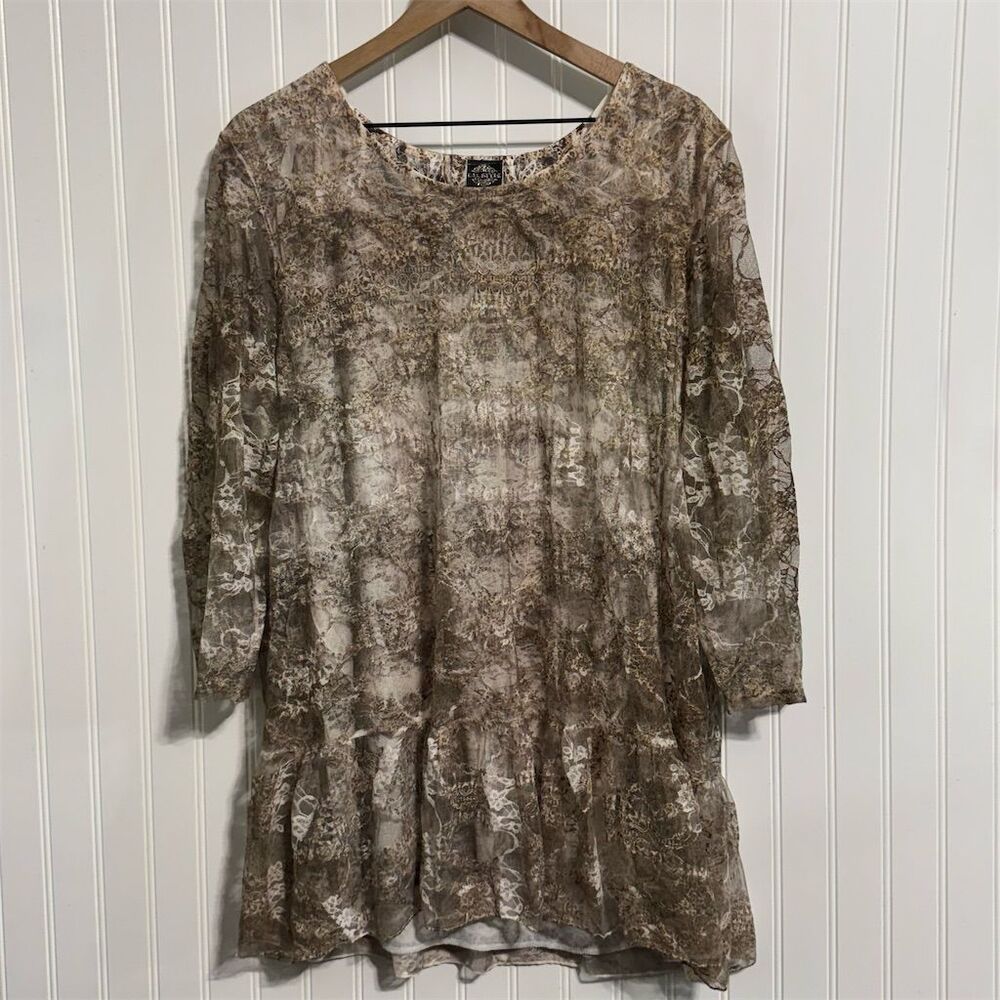 Cal Style Plus Tunic 2XL Brown Sheer Crinkle Lace Overlay‎ Ruffle Hem Whimsigoth